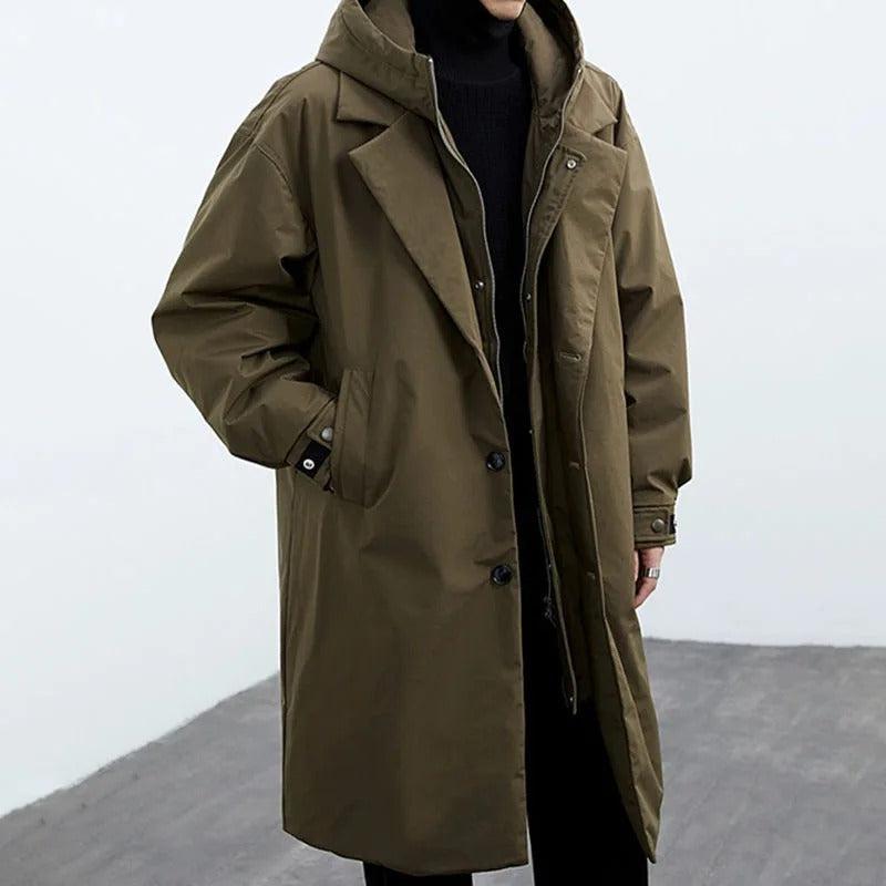 Trench da uomo lungo invernale con cappuccio e imbottitura, parka caldo da città - Verde militare