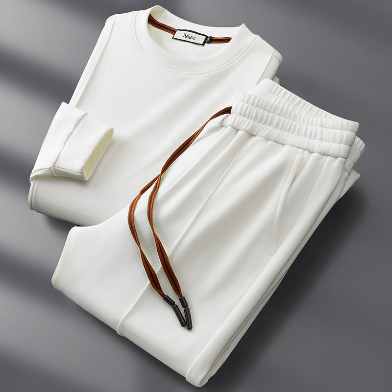 Tuta da uomo in misto cotone, felpa girocollo e pantaloni con coulisse, casual per il tempo libero - Bianco