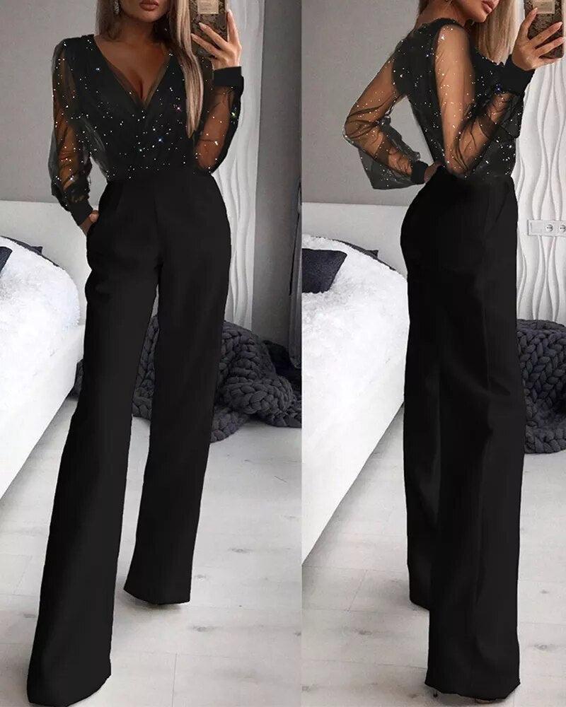 Tuta elegante da donna con maniche lunghe e scollo a V, per cerimonia e matrimonio - jumpsuit - Nero