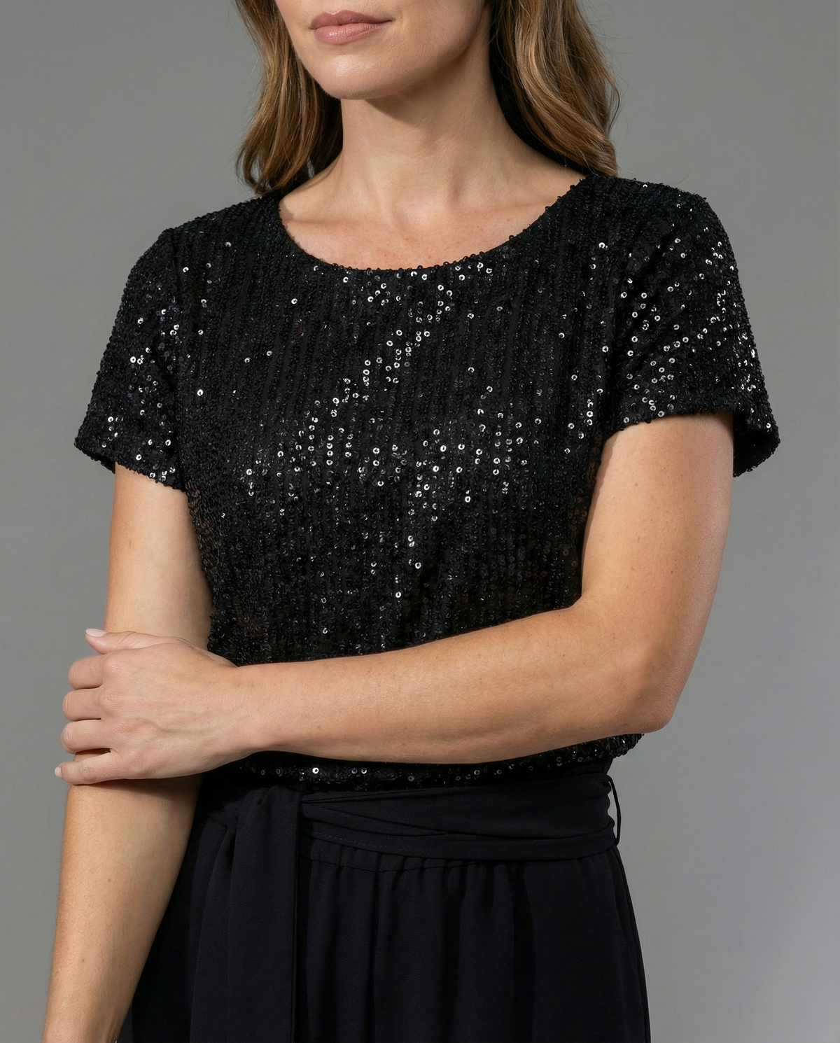 Tuta elegante da donna con paillettes e gamba larga, manica corta, per cerimonia e matrimonio - jumpsuit - foto 8