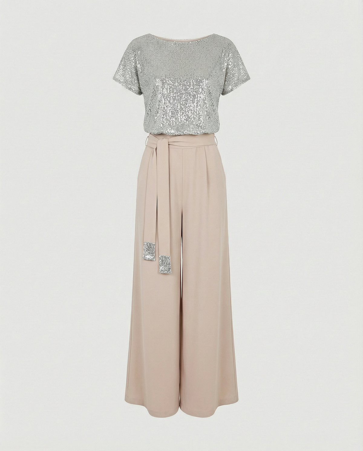 Tuta elegante da donna con paillettes e gamba larga, manica corta, per cerimonia e matrimonio - jumpsuit - Beige