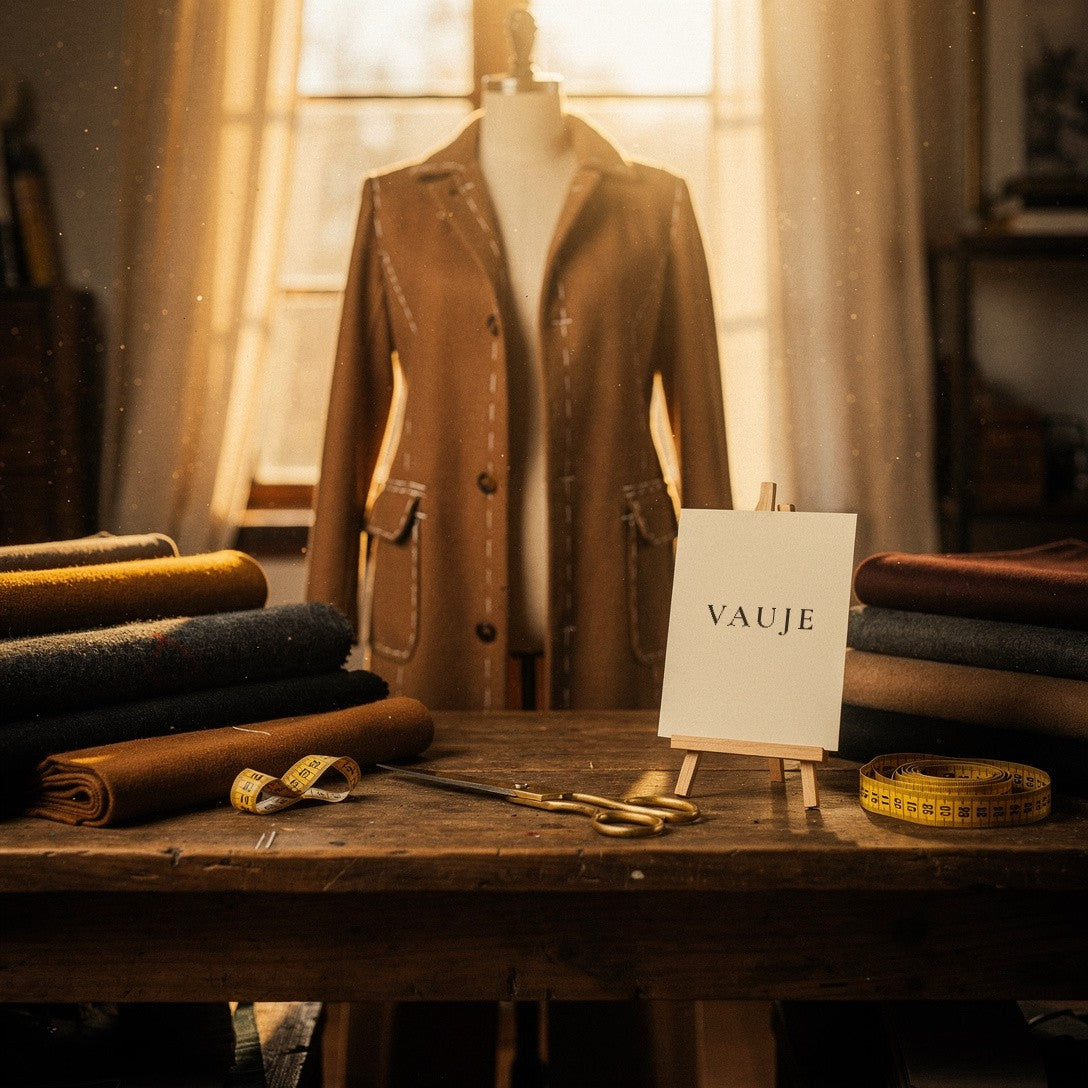 Atelier con manichino e cappotto in lavorazione, biglietto Vauje