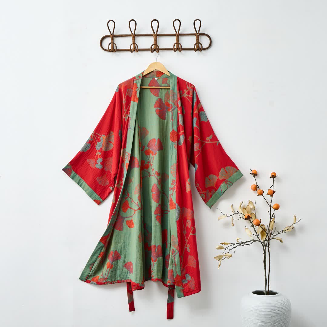 Vestaglia kimono da donna in cotone con foglie di ginkgo - foto 10
