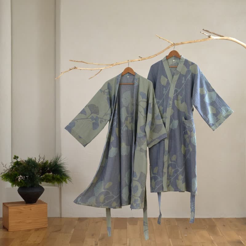Vestaglia kimono da donna in cotone con foglie di ginkgo - foto 2