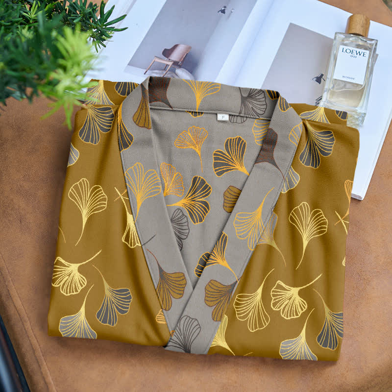 Vestaglia kimono in cotone con fantasia ginkgo biloba, lunga per casa e relax - foto 15