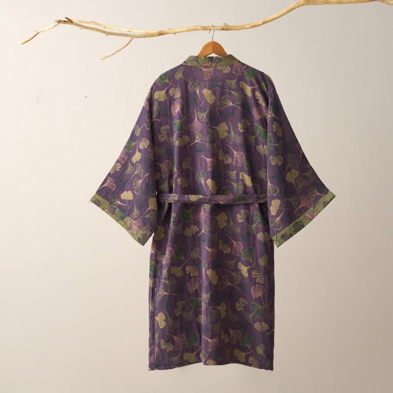 Vestaglia kimono in cotone con fantasia ginkgo biloba, lunga per casa e relax - foto 17