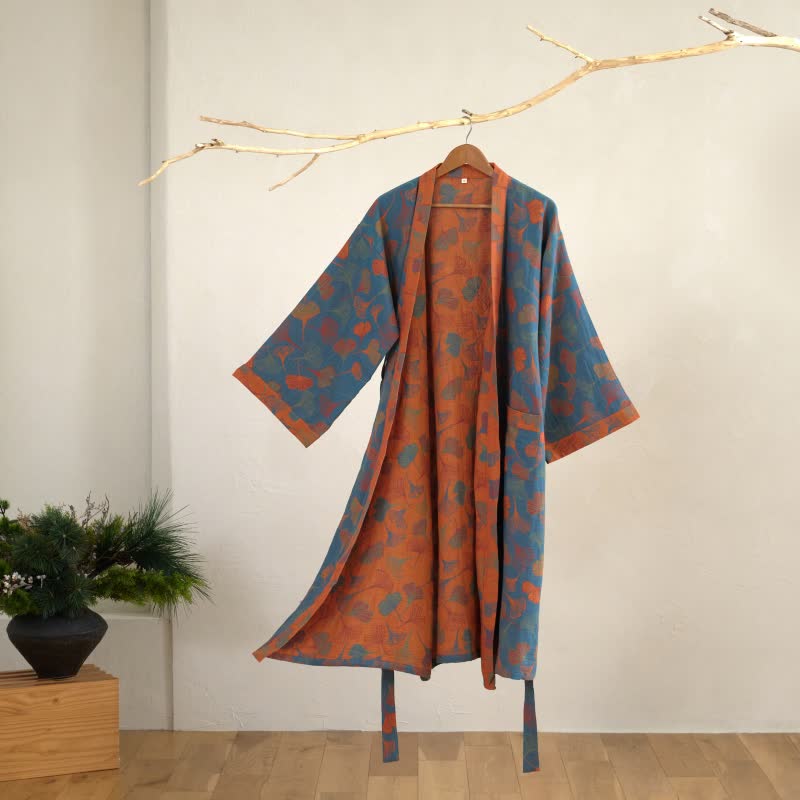 Vestaglia kimono in cotone con fantasia ginkgo biloba, lunga per casa e relax - foto 21