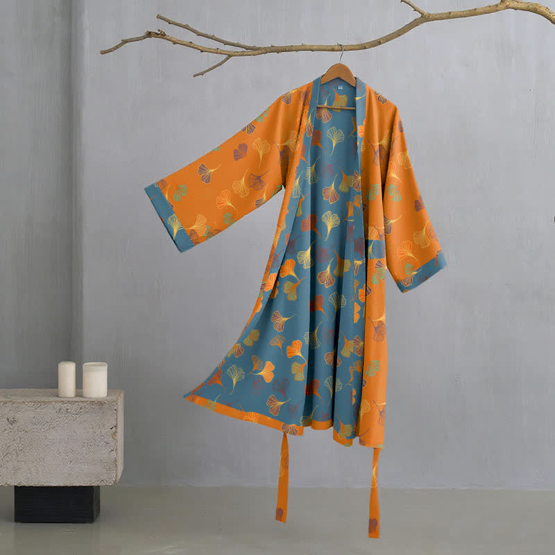 Vestaglia kimono in cotone con fantasia ginkgo biloba, lunga per casa e relax - Arancione