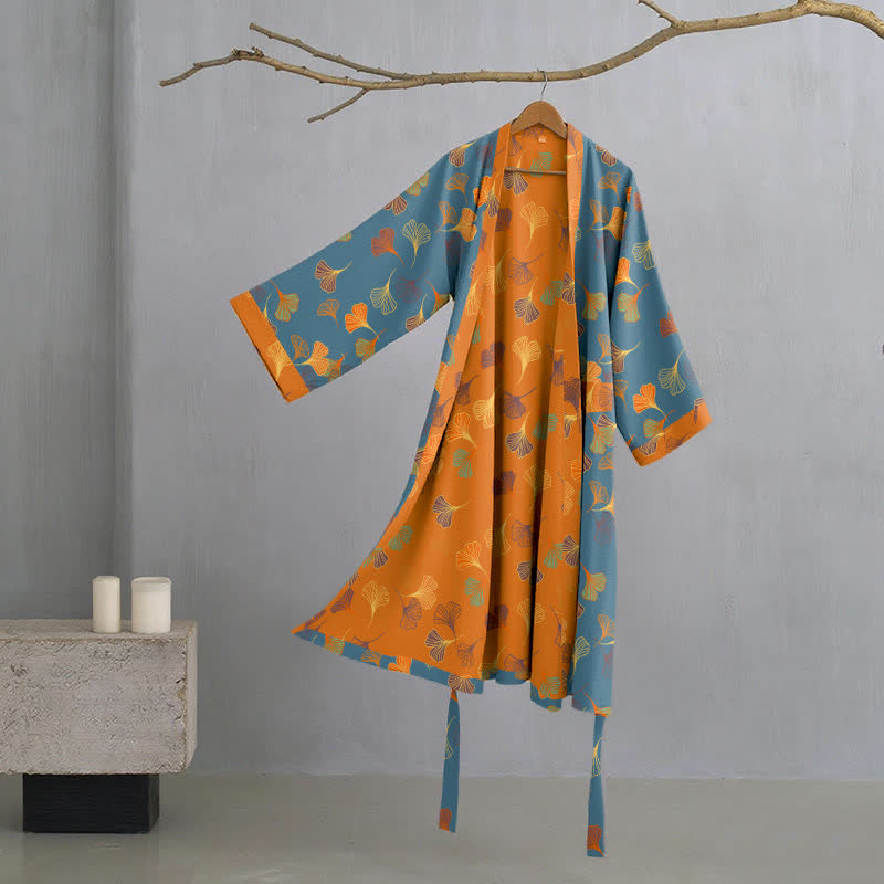 Vestaglia kimono in cotone con fantasia ginkgo biloba, lunga per casa e relax - Blu