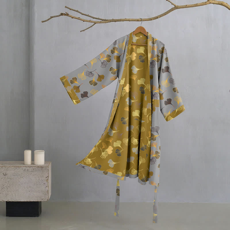 Vestaglia kimono in cotone con fantasia ginkgo biloba, lunga per casa e relax - Grigio chiaro