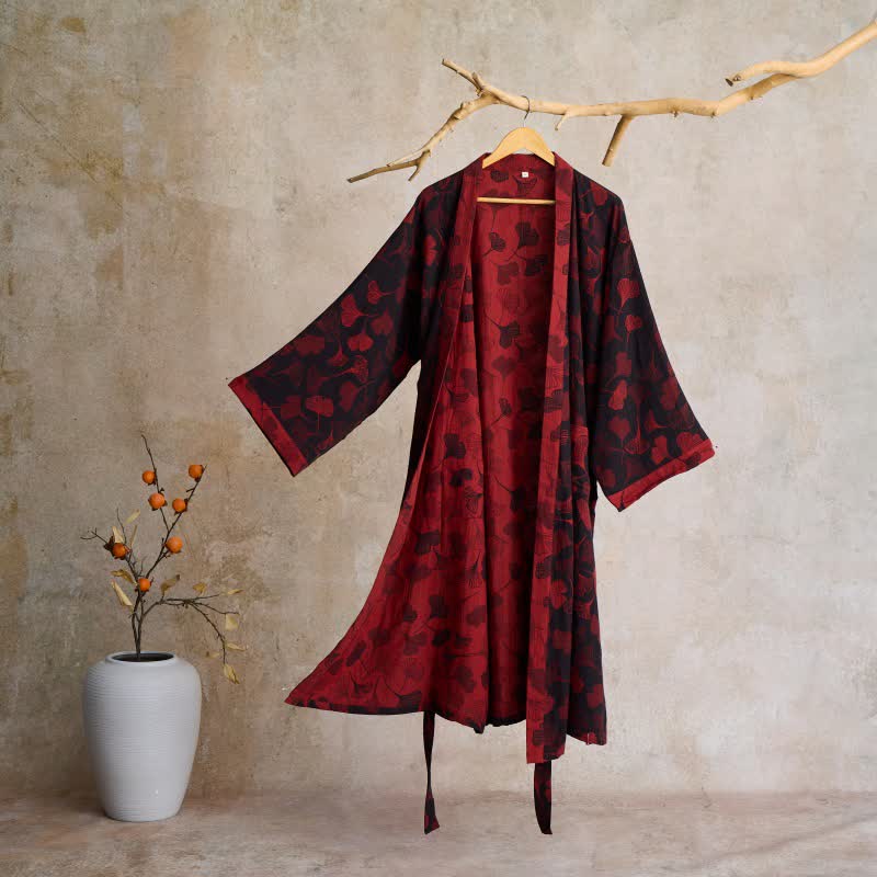 Vestaglia kimono in cotone con fantasia ginkgo biloba, lunga per casa e relax - Nero e Rosso