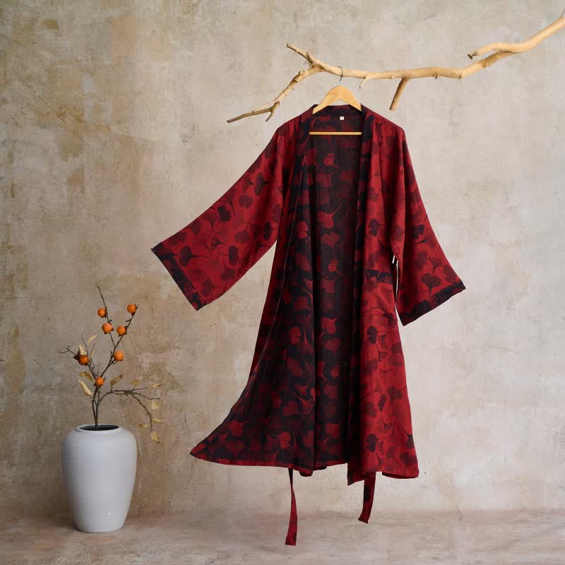 Vestaglia kimono in cotone con fantasia ginkgo biloba, lunga per casa e relax - Rosso e Nero