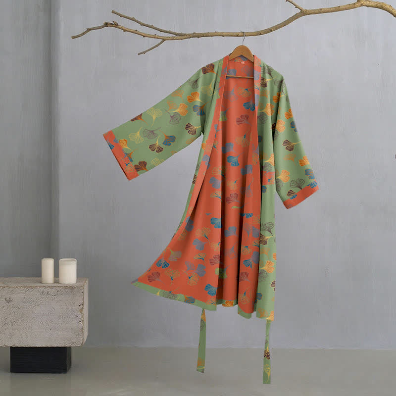 Vestaglia kimono in cotone con fantasia ginkgo biloba, lunga per casa e relax - Verde