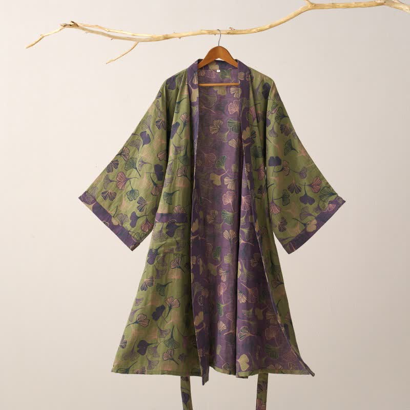 Vestaglia kimono in cotone con fantasia ginkgo biloba, lunga per casa e relax - Verde e Viola