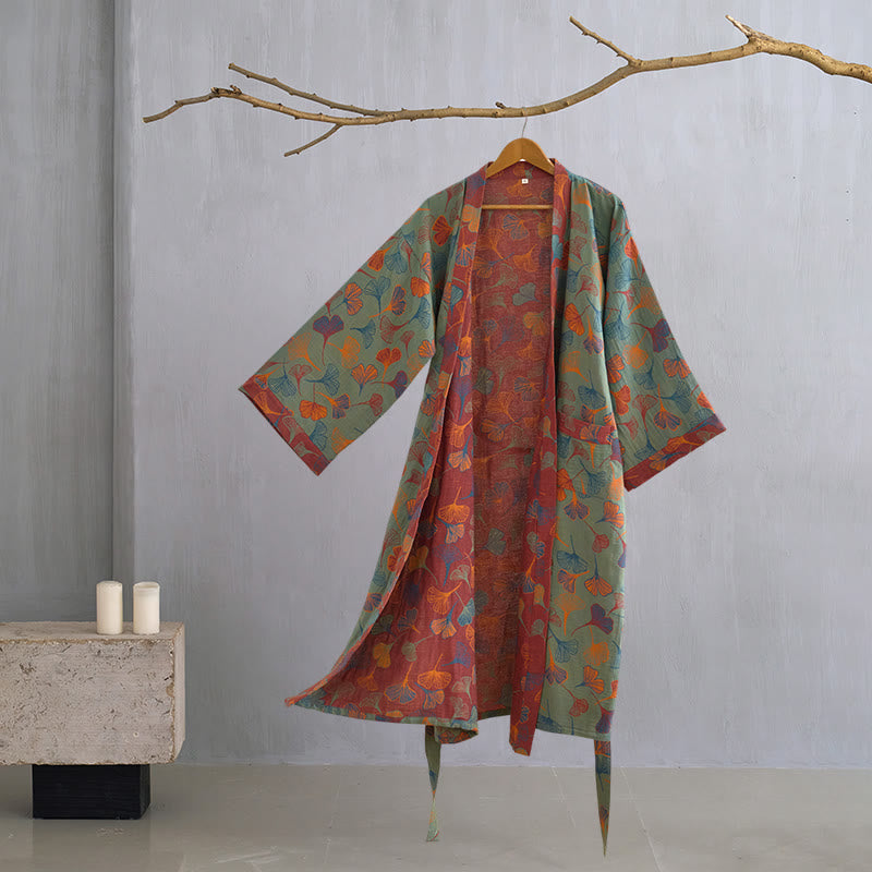 Vestaglia kimono in cotone con fantasia ginkgo biloba, lunga per casa e relax - Verde scuro