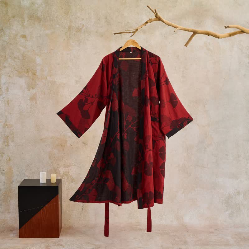 Vestaglia kimono in cotone con stampa ginkgo, reversibile - foto 11