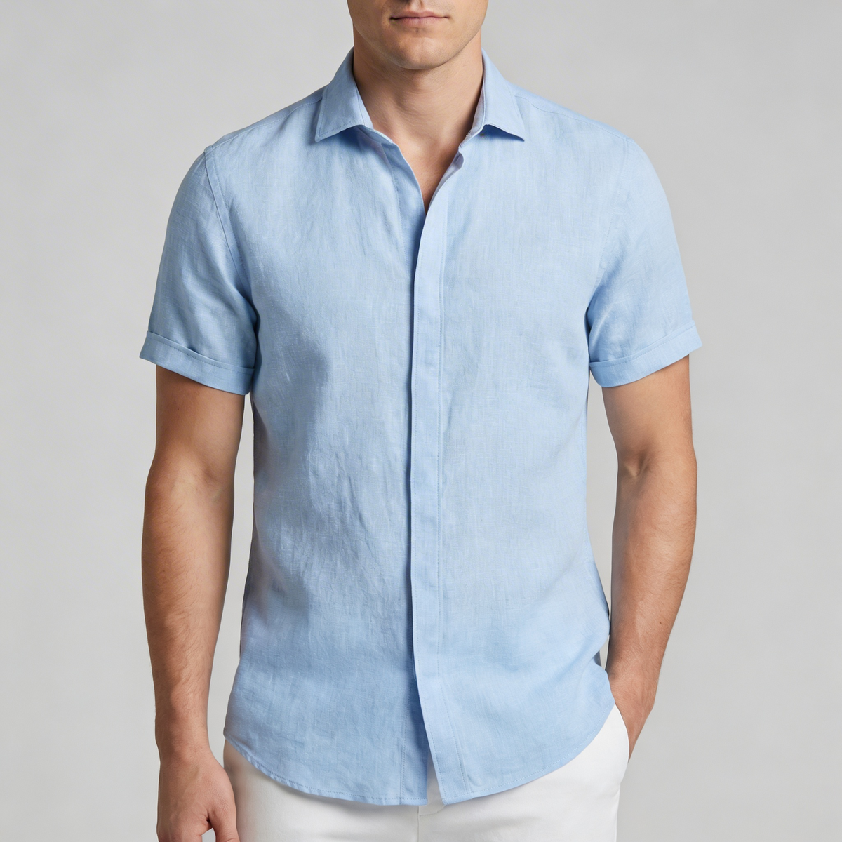 Vauje | Lino traspirante, collo aperto, maniche corte, camicia estiva uomo