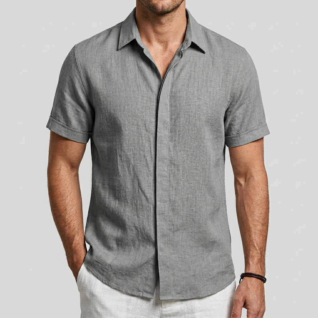 Vauje | Lino traspirante, collo aperto, maniche corte, camicia estiva uomo