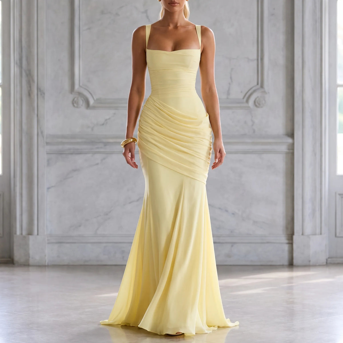 Abito da sera lungo da donna a sirena con scollo quadrato e vita drappeggiata, elegante per cerimonia e matrimonio - foto 5