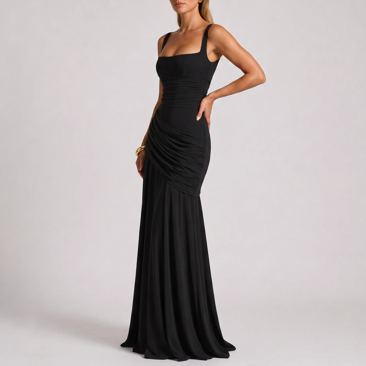 Abito da sera lungo da donna a sirena con scollo quadrato e vita drappeggiata, elegante per cerimonia e matrimonio - Nero