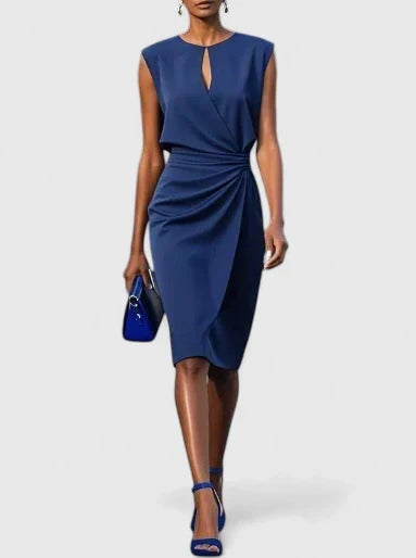 Abito midi a portafoglio senza maniche con vita drappeggiata, elegante da cerimonia e cocktail - Blu navy