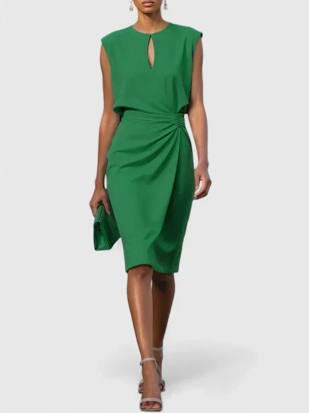Abito midi a portafoglio senza maniche con vita drappeggiata, elegante da cerimonia e cocktail - Verde