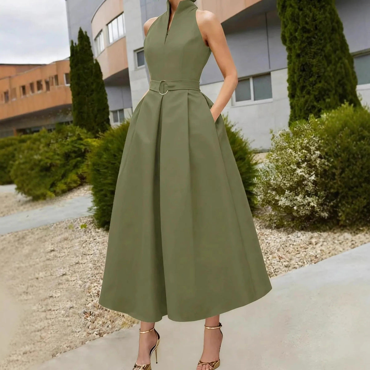 Abito midi elegante da donna senza maniche, da cerimonia, matrimonio e sera - abito da cocktail svasato con cintura - view 6