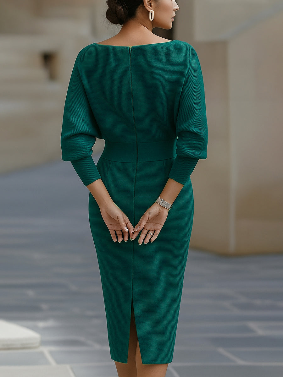 Abito midi in maglia da donna a maniche lunghe, aderente con scollo drappeggiato, elegante da cocktail e da sera - foto 9