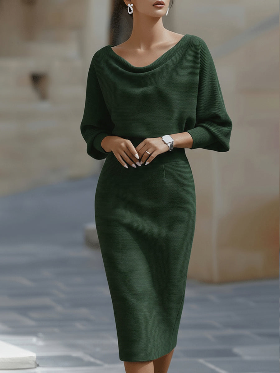 Abito midi in maglia da donna a maniche lunghe, aderente con scollo drappeggiato, elegante da cocktail e da sera - Verde