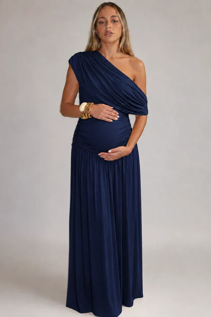 Abito premaman lungo monospalla, drappeggiato ed elegante, per cerimonia, matrimonio e battesimo - Blu navy