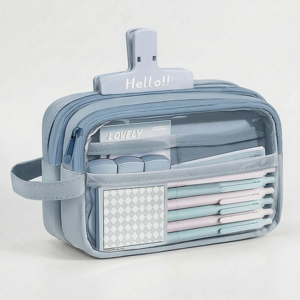 Astuccio grande multiscomparto con finestra trasparente, capiente portapenne per scuola, università e ufficio - Blu