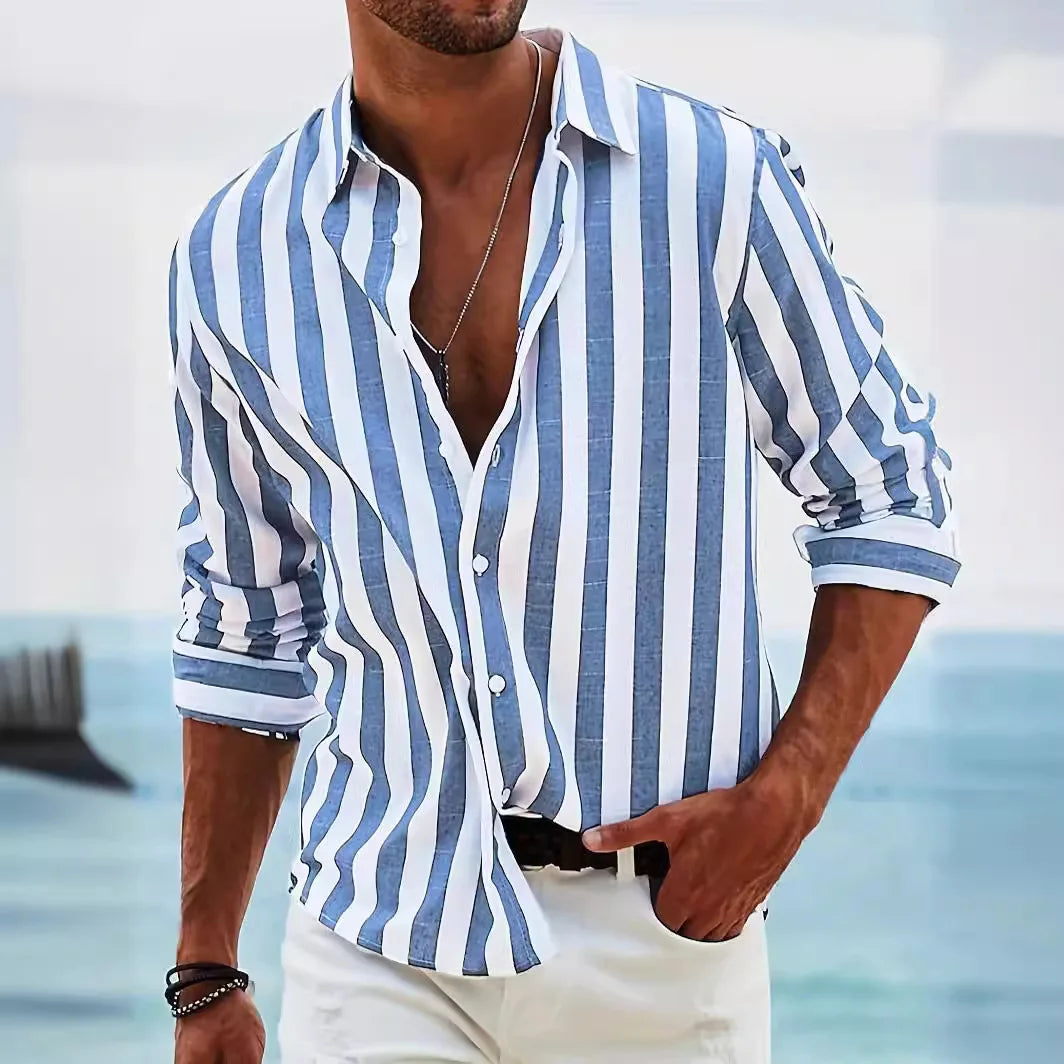 Camicia a righe da uomo in lino e cotone a manica lunga, estiva da spiaggia e vacanza - Blu