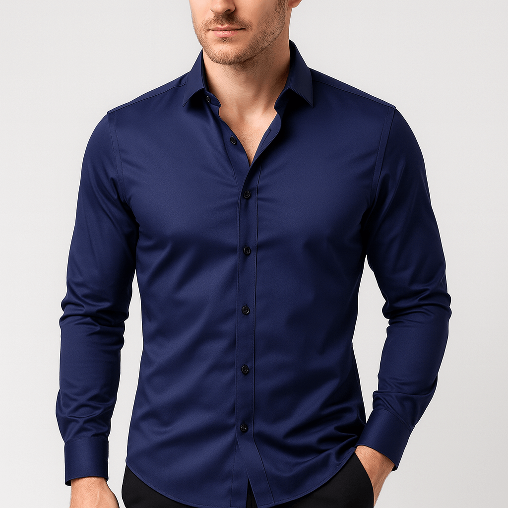 Camicia da uomo elasticizzata no stiro a manica lunga, elegante da lavoro e per tutti i giorni - Blu navy