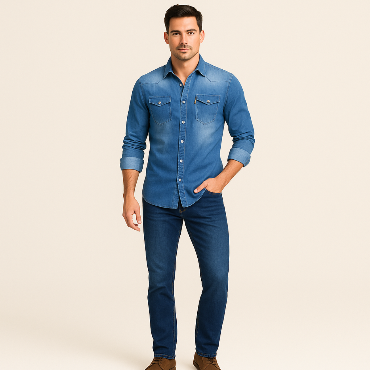 Camicia di jeans da uomo elasticizzata slim fit con tasche e maniche lunghe - foto 4
