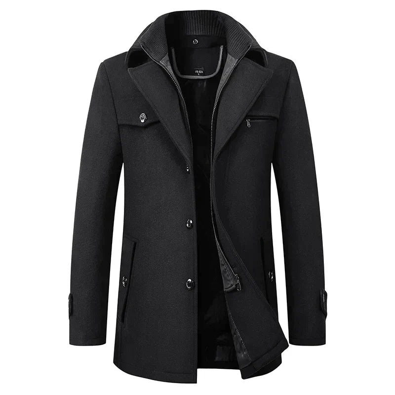Cappotto invernale da uomo con collo alla coreana, elegante e caldo, da completo e per l'ufficio - Nero