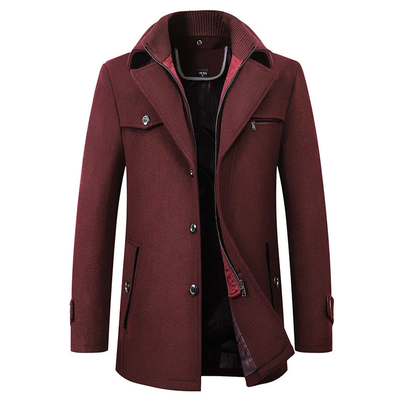 Cappotto invernale da uomo con collo alla coreana, elegante e caldo, da completo e per l'ufficio - Rosso