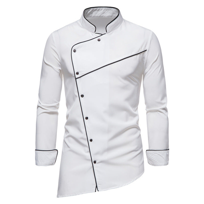 Casacca da chef da uomo con collo alla coreana e profili a contrasto, manica lunga per cucina professionale - Bianco
