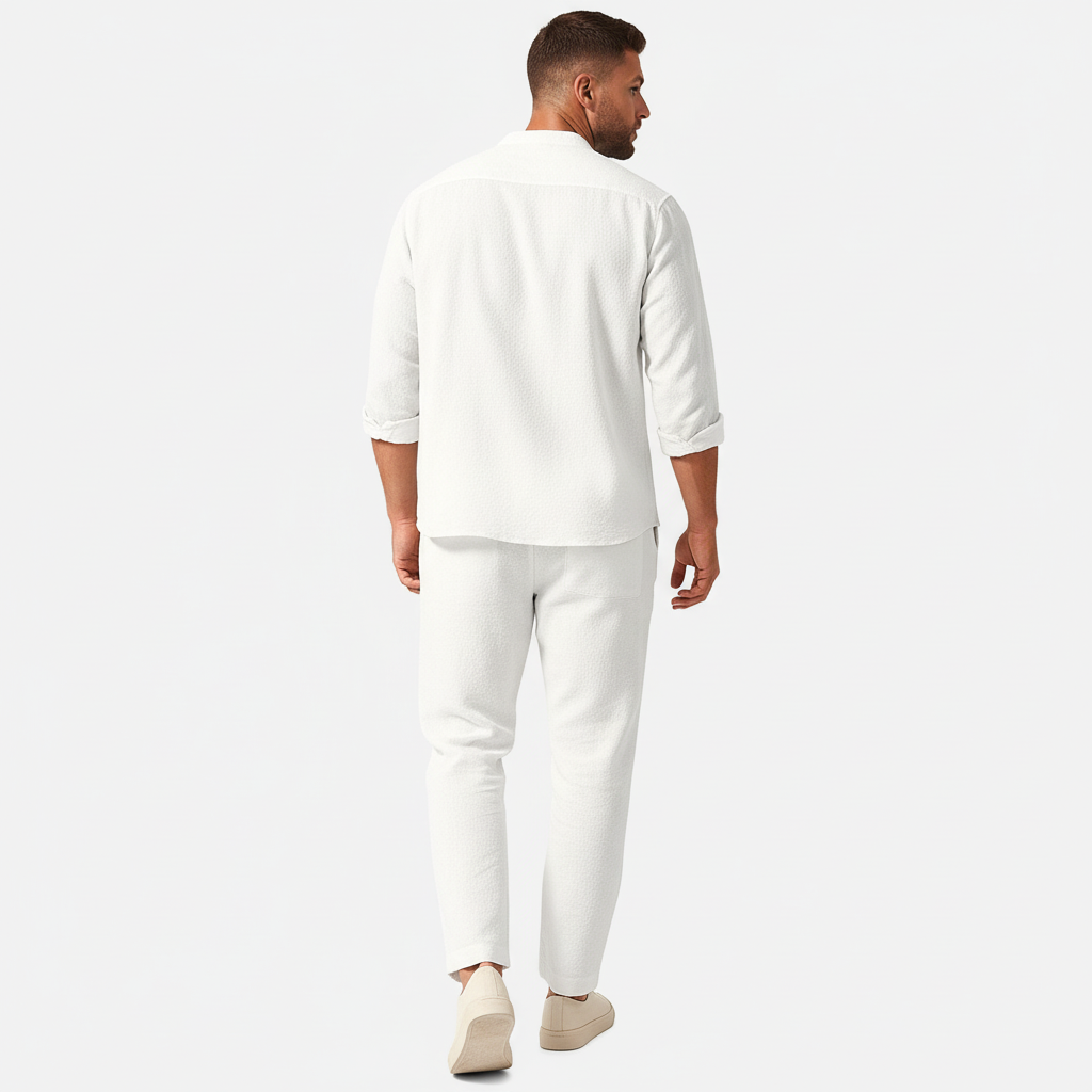 Completo di lino da uomo due pezzi con camicia comoda e pantaloni abbinati, casual ed estivo - foto 4