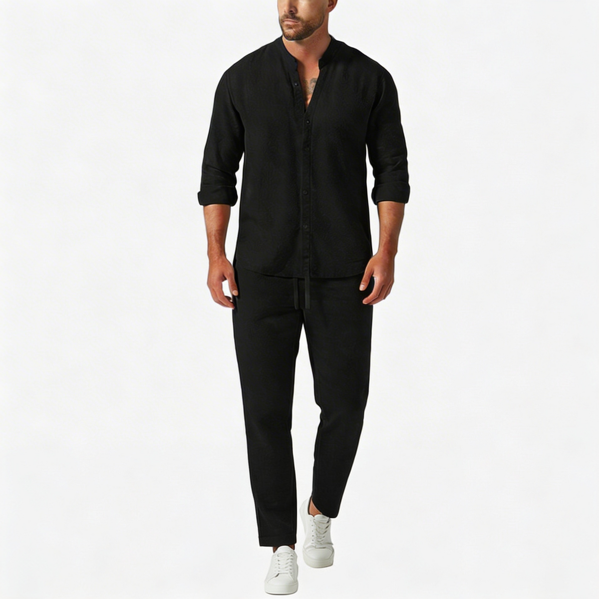 Completo di lino da uomo due pezzi con camicia comoda e pantaloni abbinati, casual ed estivo - Nero