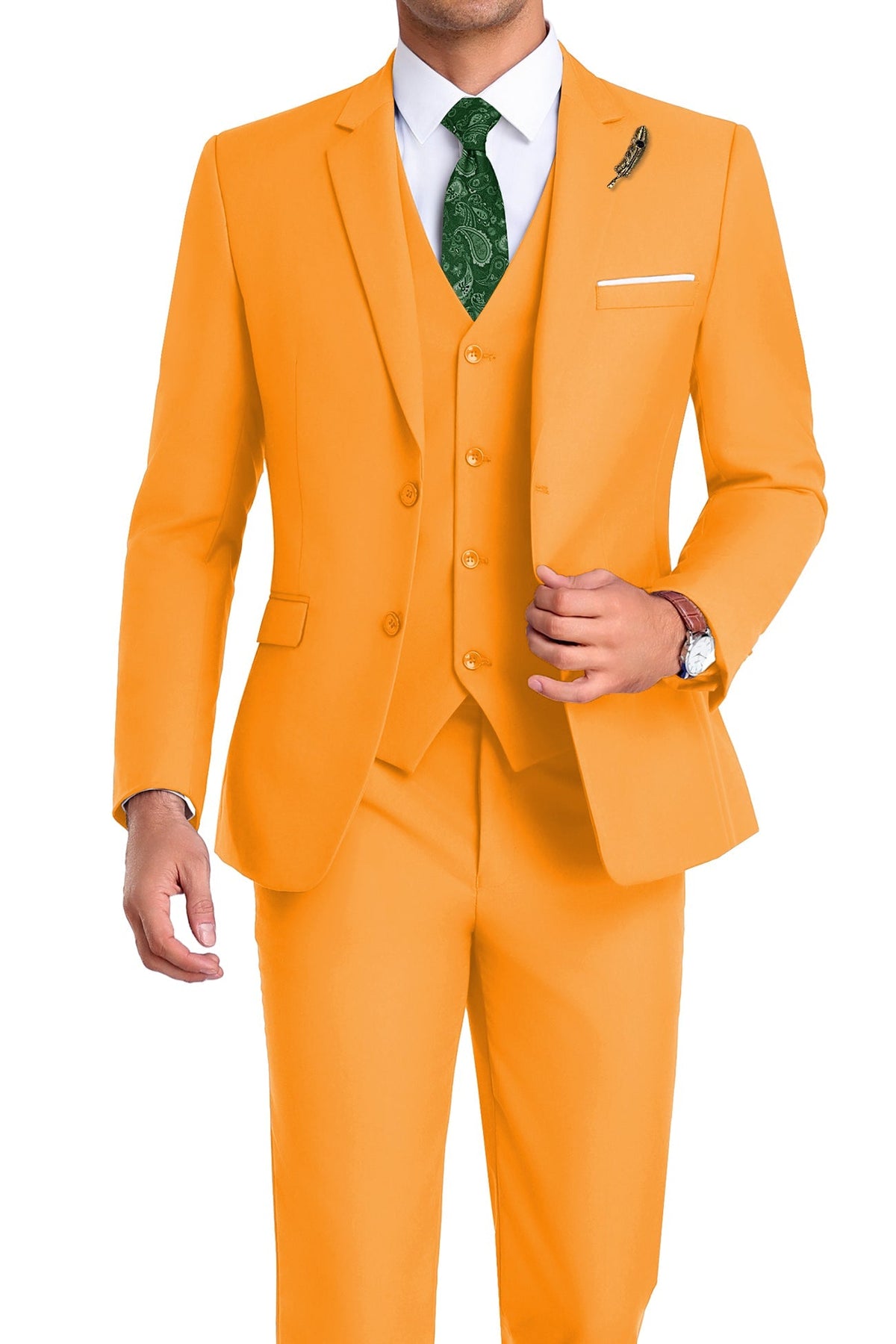 Completo uomo elegante 3 pezzi slim fit con gilet, da cerimonia e matrimonio - Arancione