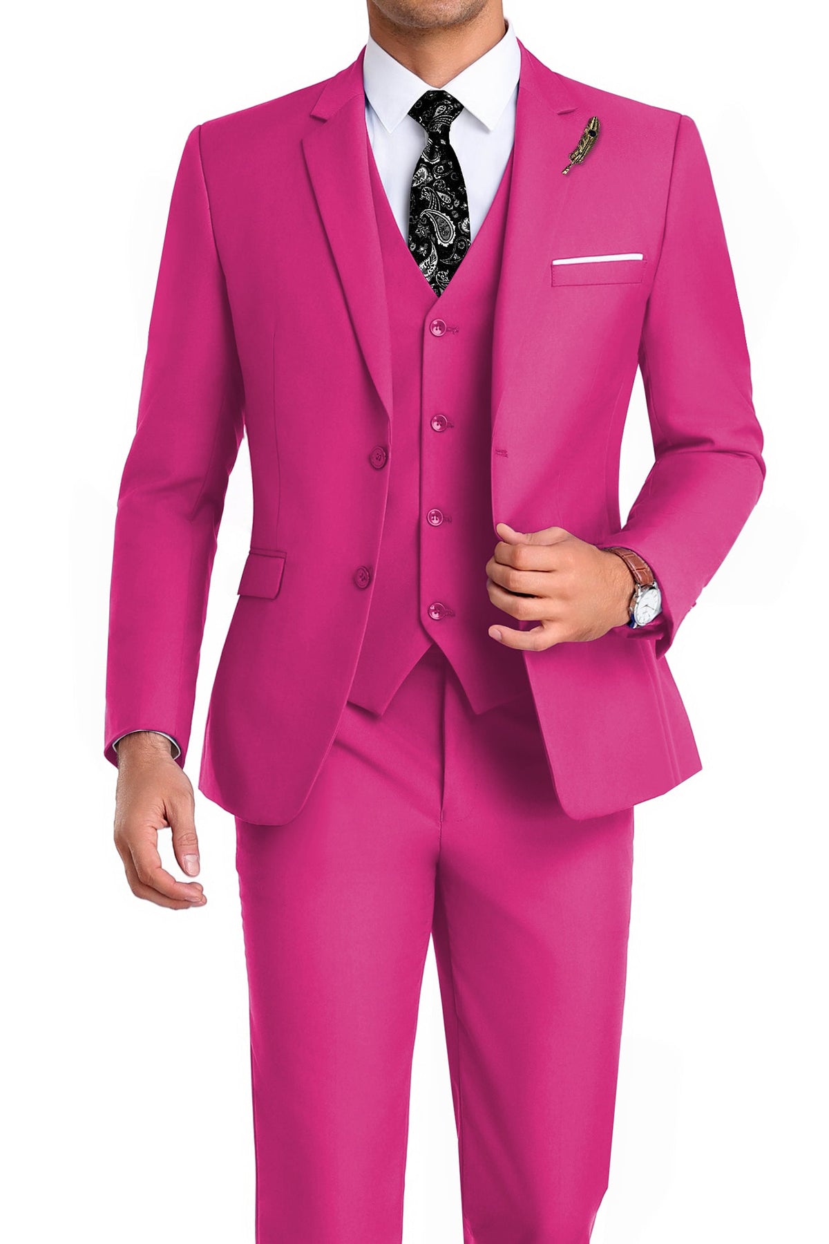 Completo uomo elegante 3 pezzi slim fit con gilet, da cerimonia e matrimonio - Fucsia