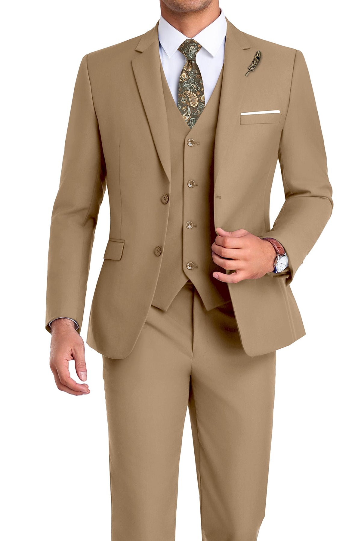 Completo uomo elegante 3 pezzi slim fit con gilet, da cerimonia e matrimonio - Marrone