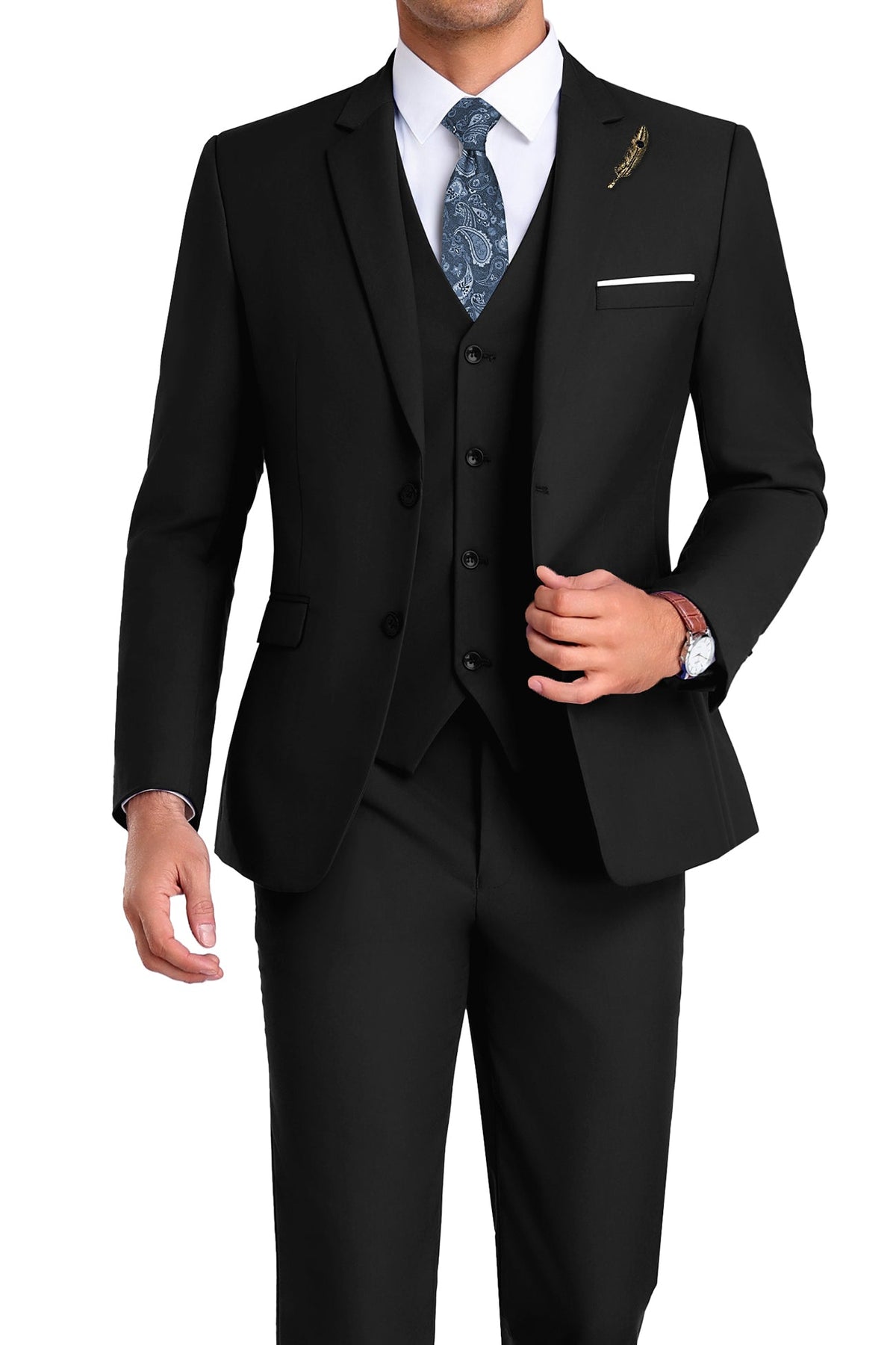 Completo uomo elegante 3 pezzi slim fit con gilet, da cerimonia e matrimonio - Nero