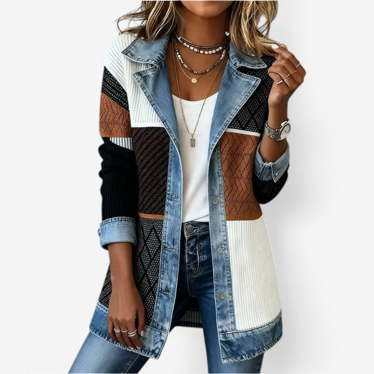 Giacca da donna in maglia effetto denim, mezza stagione con collo a revers, elegante - Multicolore