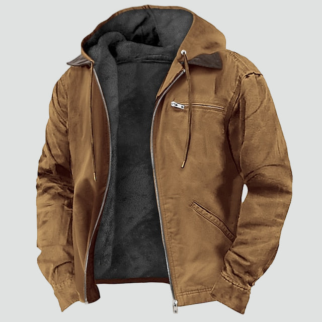 Giacca da uomo mezza stagione con cappuccio e fodera in pile, casual per primavera e autunno - Marrone