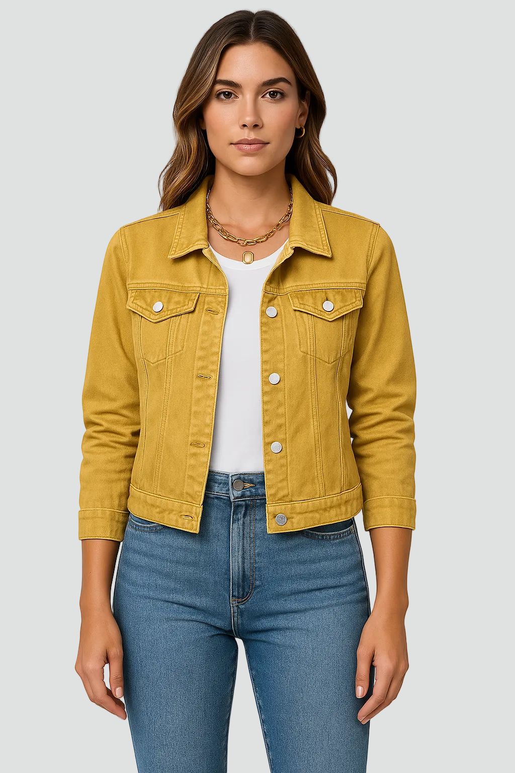 Giacca di jeans da donna con bottoni e tasche, corta e casual, per primavera e mezza stagione - Giallo