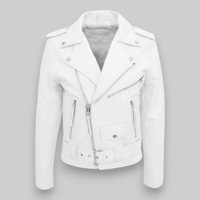 Giacca di pelle da uomo biker con cintura e zip in metallo, chiodo stile moto - Bianco