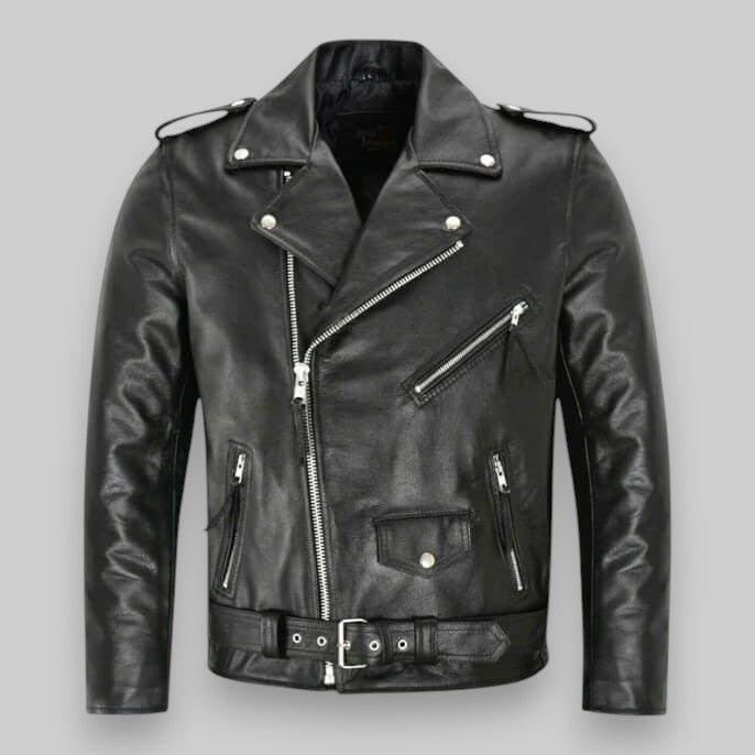 Giacca di pelle da uomo biker con cintura e zip in metallo, chiodo stile moto - Nero