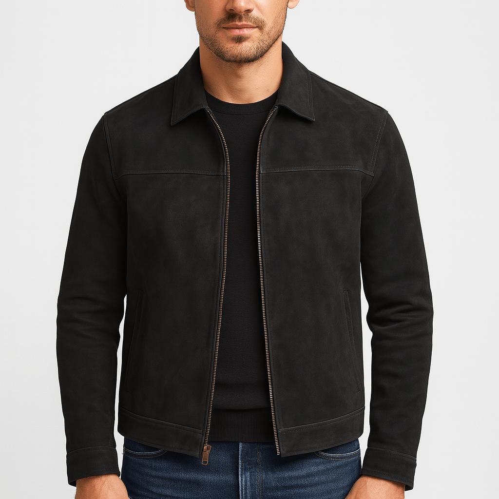 Giacca di pelle da uomo classica con zip e vestibilità comoda - giubbotto in pelle casual ed elegante - Nero