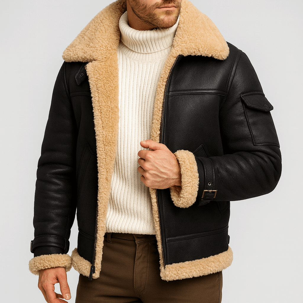 Giacca di pelle da uomo con pelliccia e tasche, stile aviatore invernale - giubbotto in pelle con collo in montone - Nero